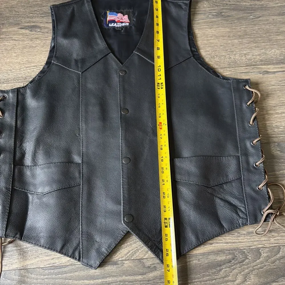 Vintage Leather USA Sz L Black Leather Biker Vest Motorcycle Lace Up Western